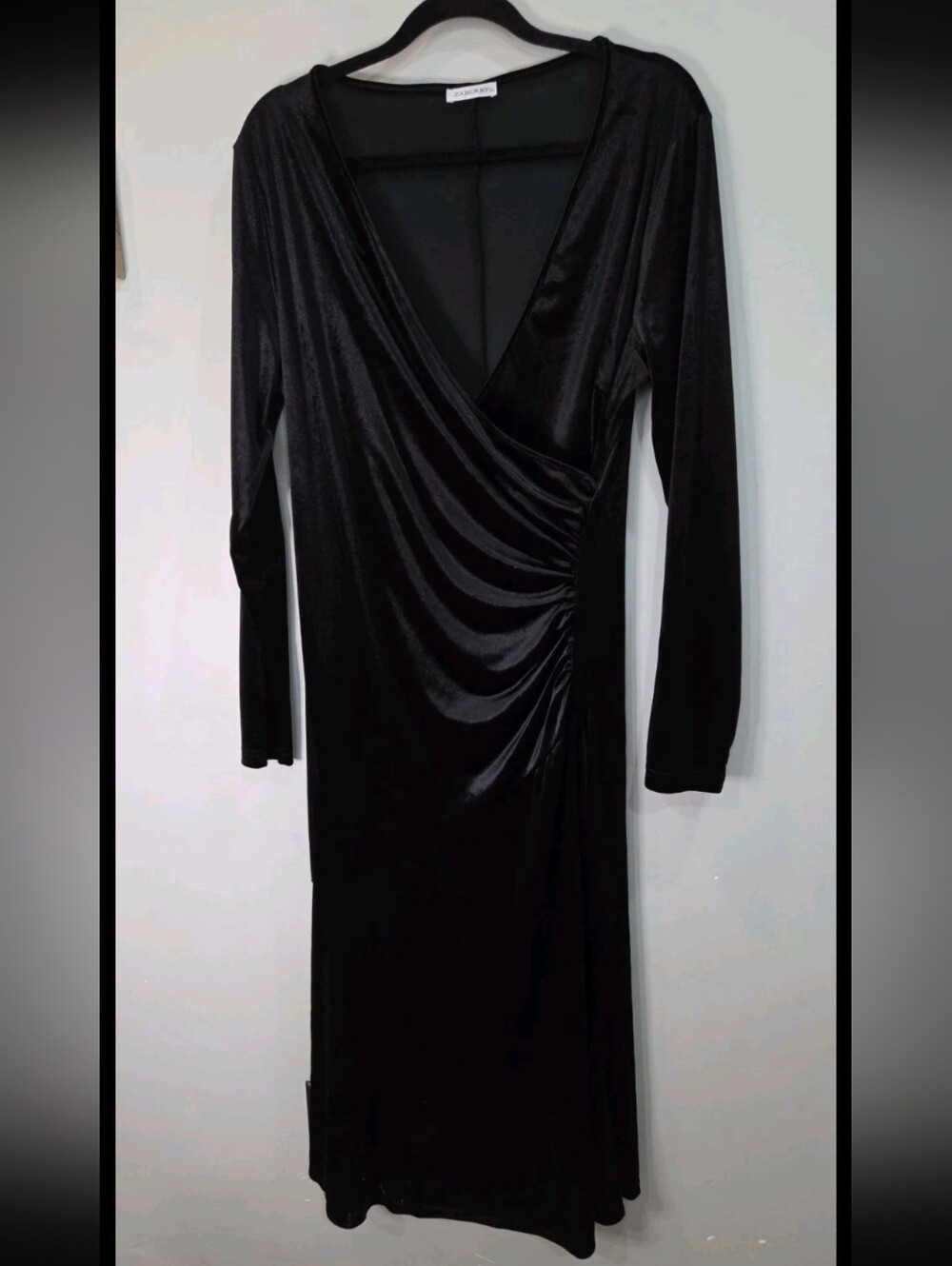 Zaberry Black Ruched Velvet Dress XL Long Sleeve Long Length V Neck Faux Wrap